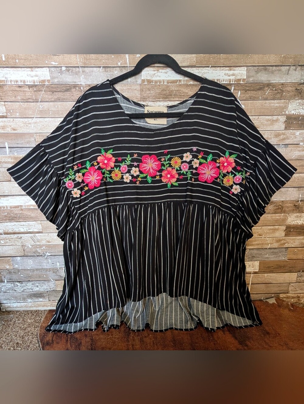 Savannah Black Striped Tunic with Pink Floral Embroidery